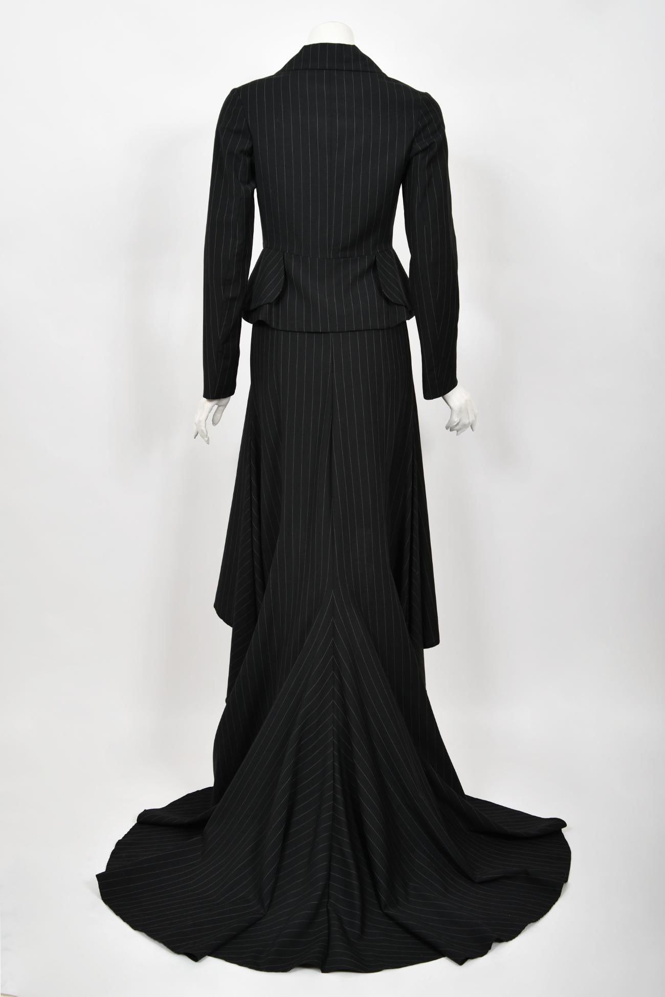 Archival 1994 Vivienne Westwood Pinstripe Wool Jacket and High-Low Trained Skirt For Sale 13