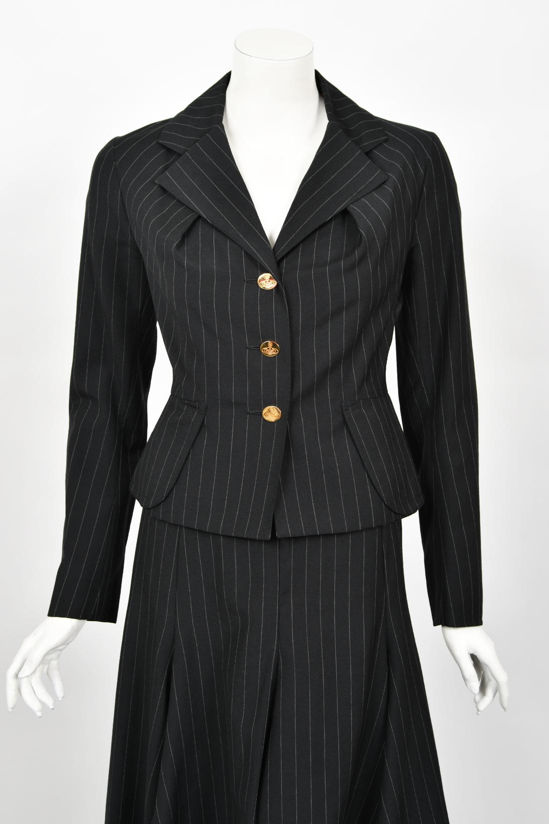 Archival 1994 Vivienne Westwood Pinstripe Wool Jacket and High-Low Trained Skirt For Sale 2