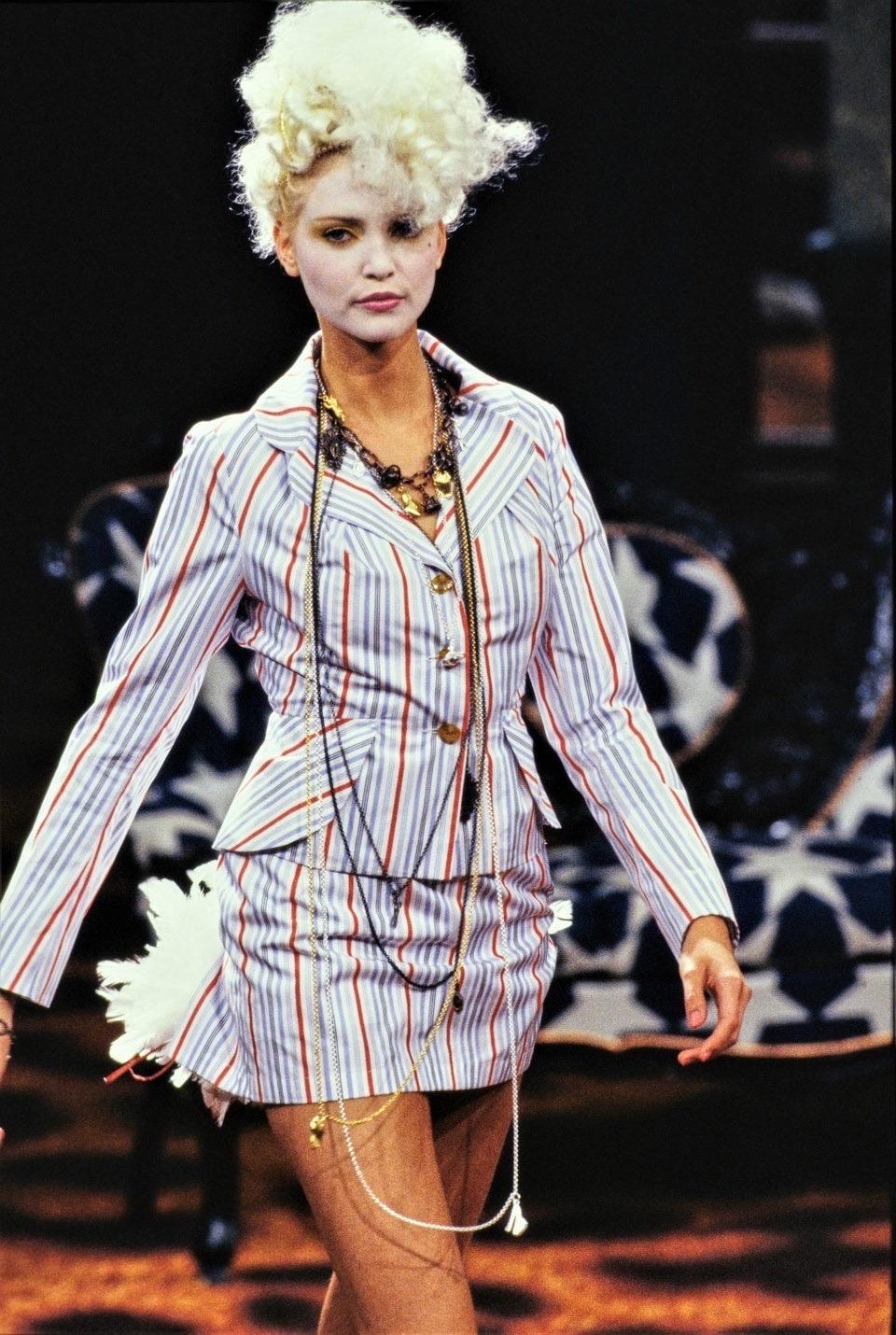 Archival 1994 Vivienne Westwood Pinstripe Wool Jacket and High-Low Trained Skirt For Sale 1