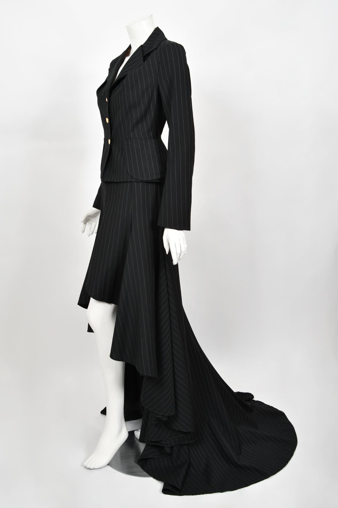 Archival 1994 Vivienne Westwood Pinstripe Wool Jacket and High-Low Trained Skirt For Sale 5