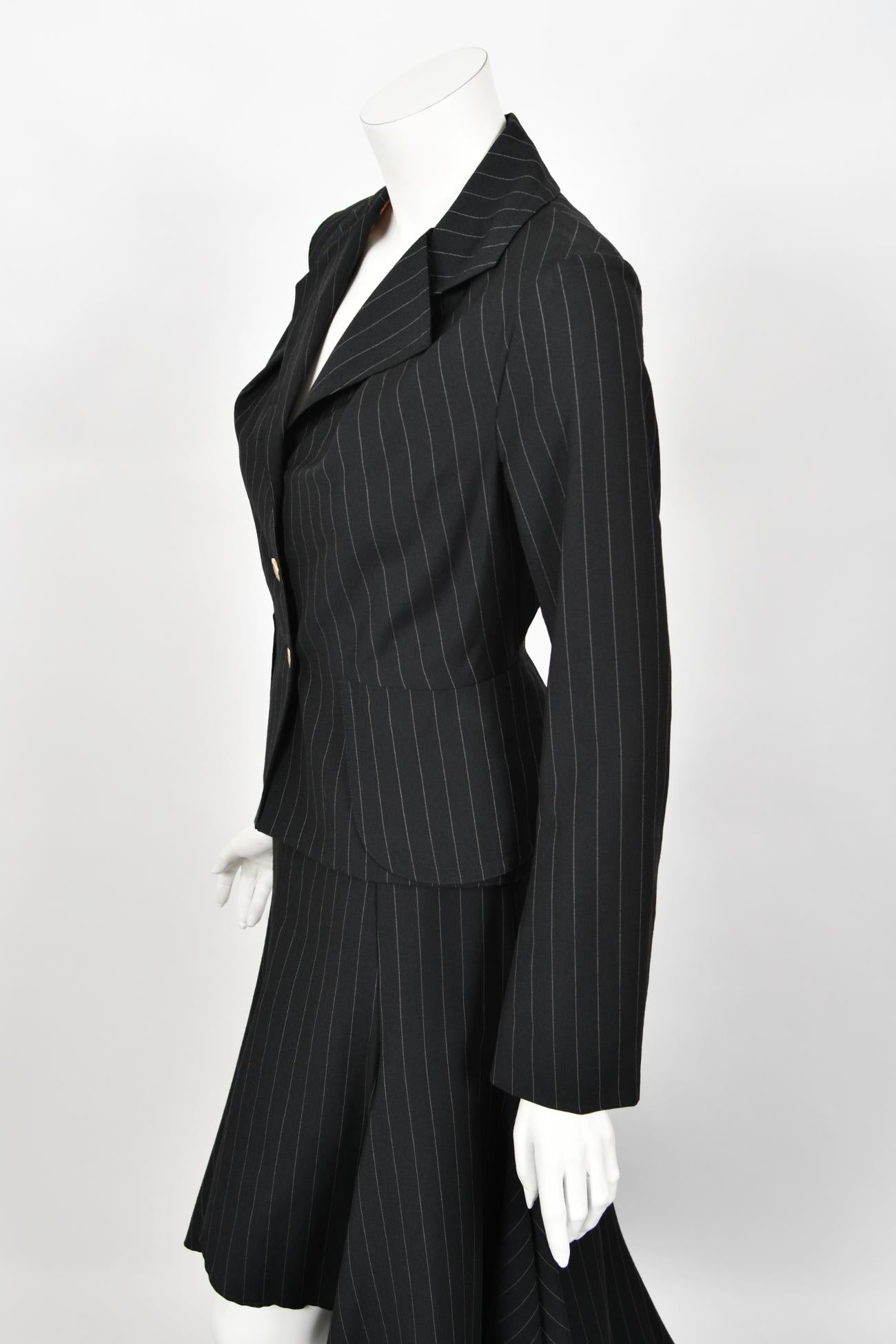 Archival 1994 Vivienne Westwood Pinstripe Wool Jacket and High-Low Trained Skirt For Sale 6