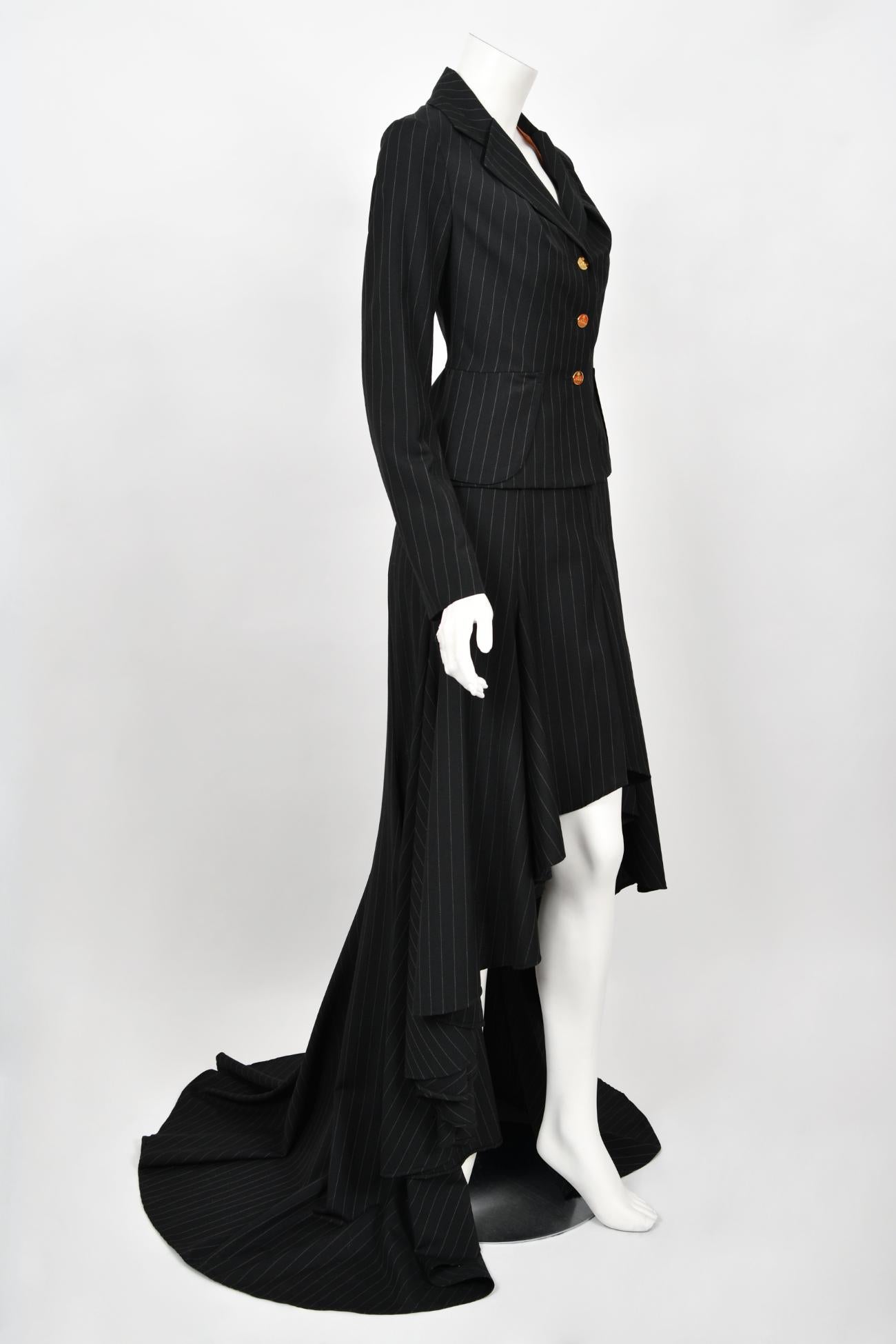 Archival 1994 Vivienne Westwood Pinstripe Wool Jacket and High-Low Trained Skirt For Sale 7