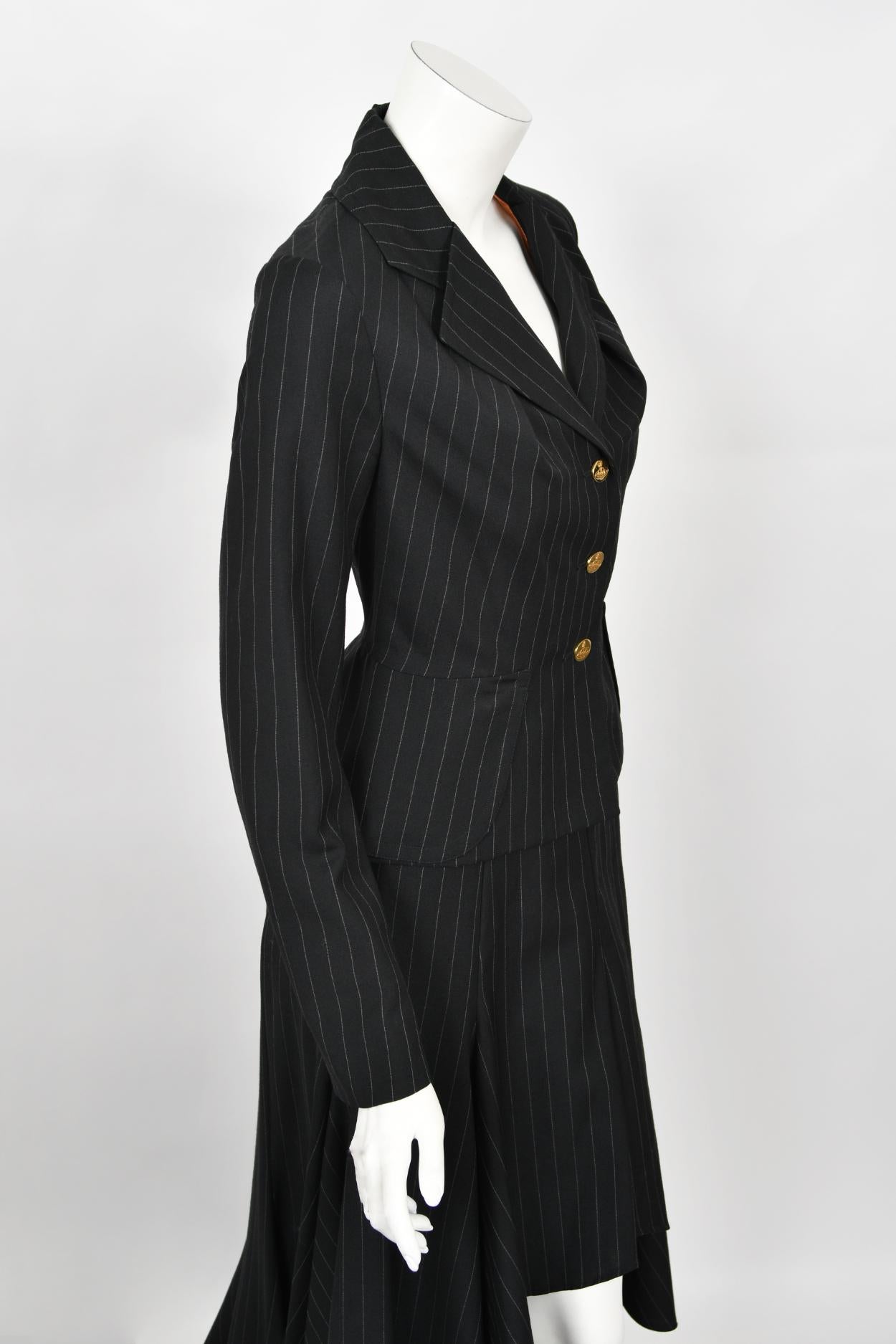 Archival 1994 Vivienne Westwood Pinstripe Wool Jacket and High-Low Trained Skirt For Sale 8