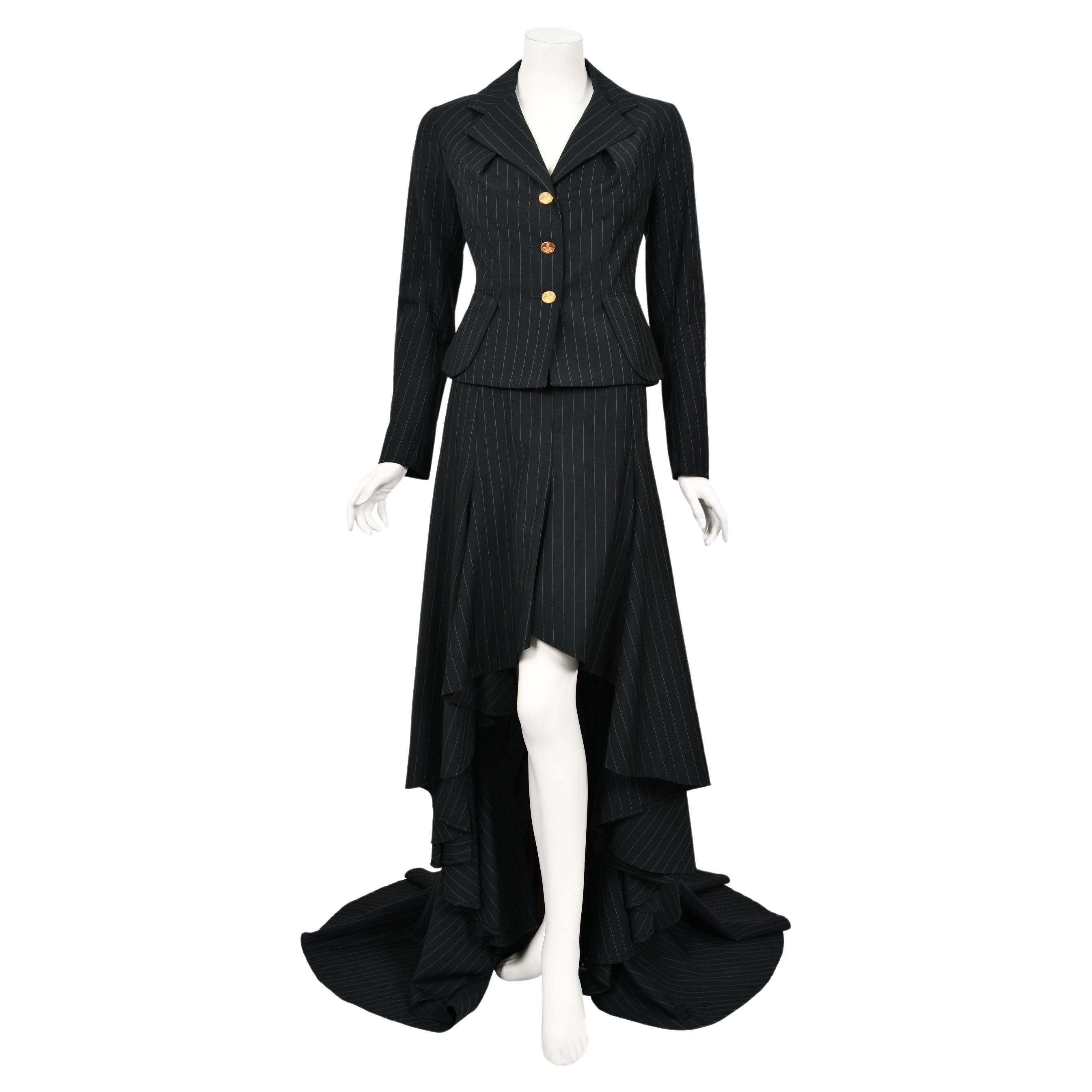 Archival 1994 Vivienne Westwood Pinstripe Wool Jacket and High-Low Trained Skirt For Sale