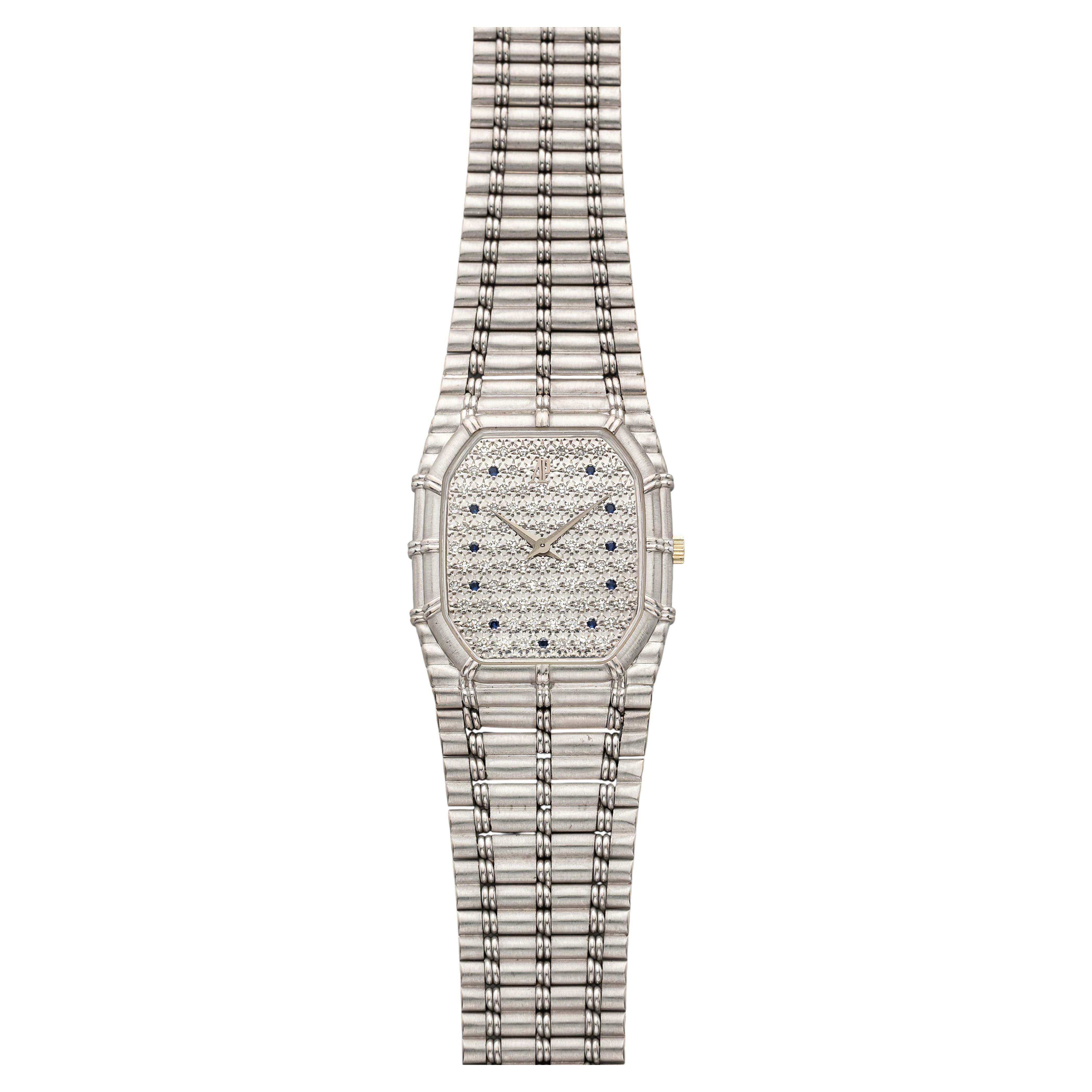 Vintage Audemars Piguet Bamboo aus dem Jahr 1995, 18 Karat Weißgold, mit Pavé-Diamanten und Saphir, Quarzwerk, 27 mm