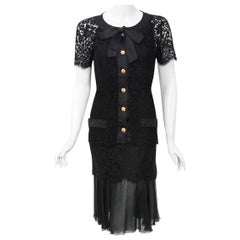 Vintage 1995 Chanel Black Lace & Sheer Silk Slip Dress w/ Camellia Button Blouse