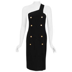 Vintage 1995 Chanel Black Linen One Shoulder Asymmetric Double-Breasted Dress