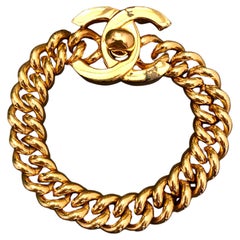 1995 Vintage CHANEL Gold Toned Turnlock Chain Bracelet Turn Lock