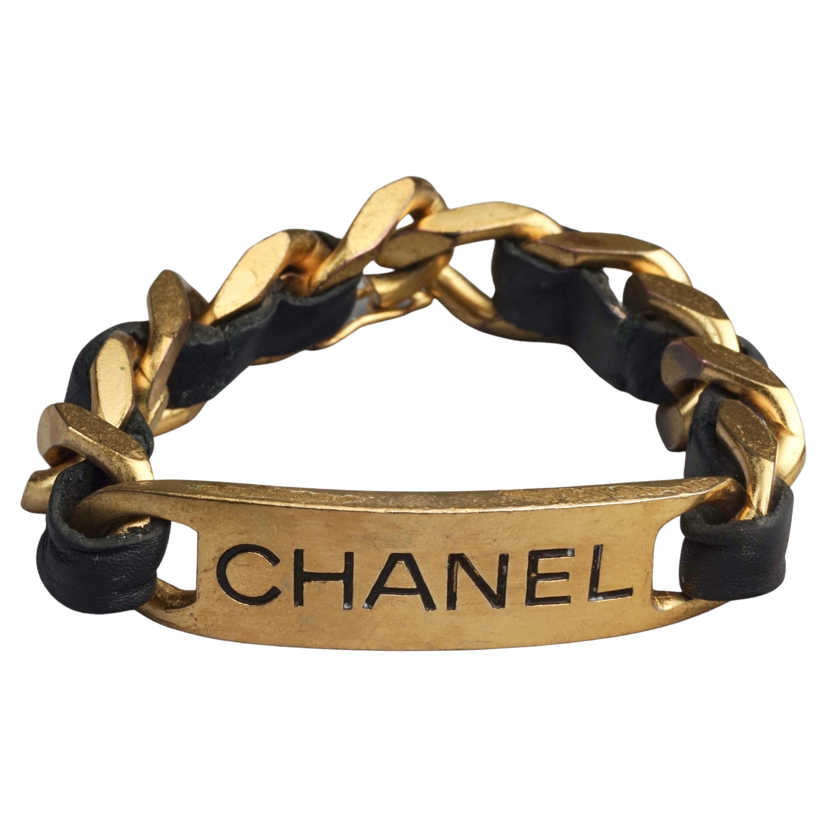 Vintage 1995 CHANEL ID Plate Leather Chain Bracelet For Sale