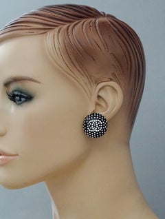 Vintage 1995 CHANEL Logo Rhinestone Studded Black Resin Dome Earrings