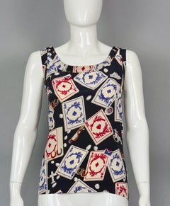 Vintage 1995 CHANEL Playing Cards Print CC Logo Button Silk Top