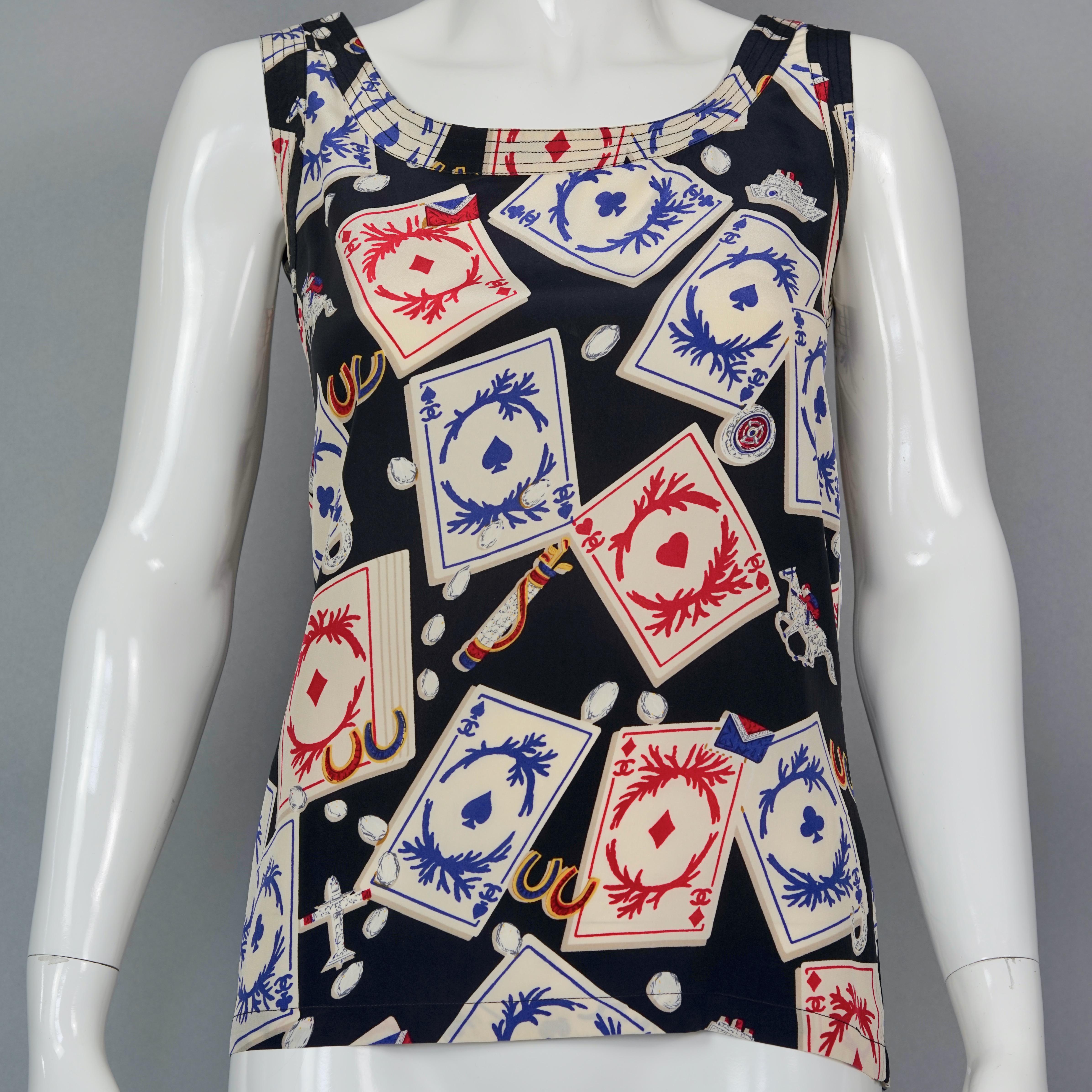 Women's Vintage 1995 CHANEL Playing Cards Print CC Logo Button Silk Top