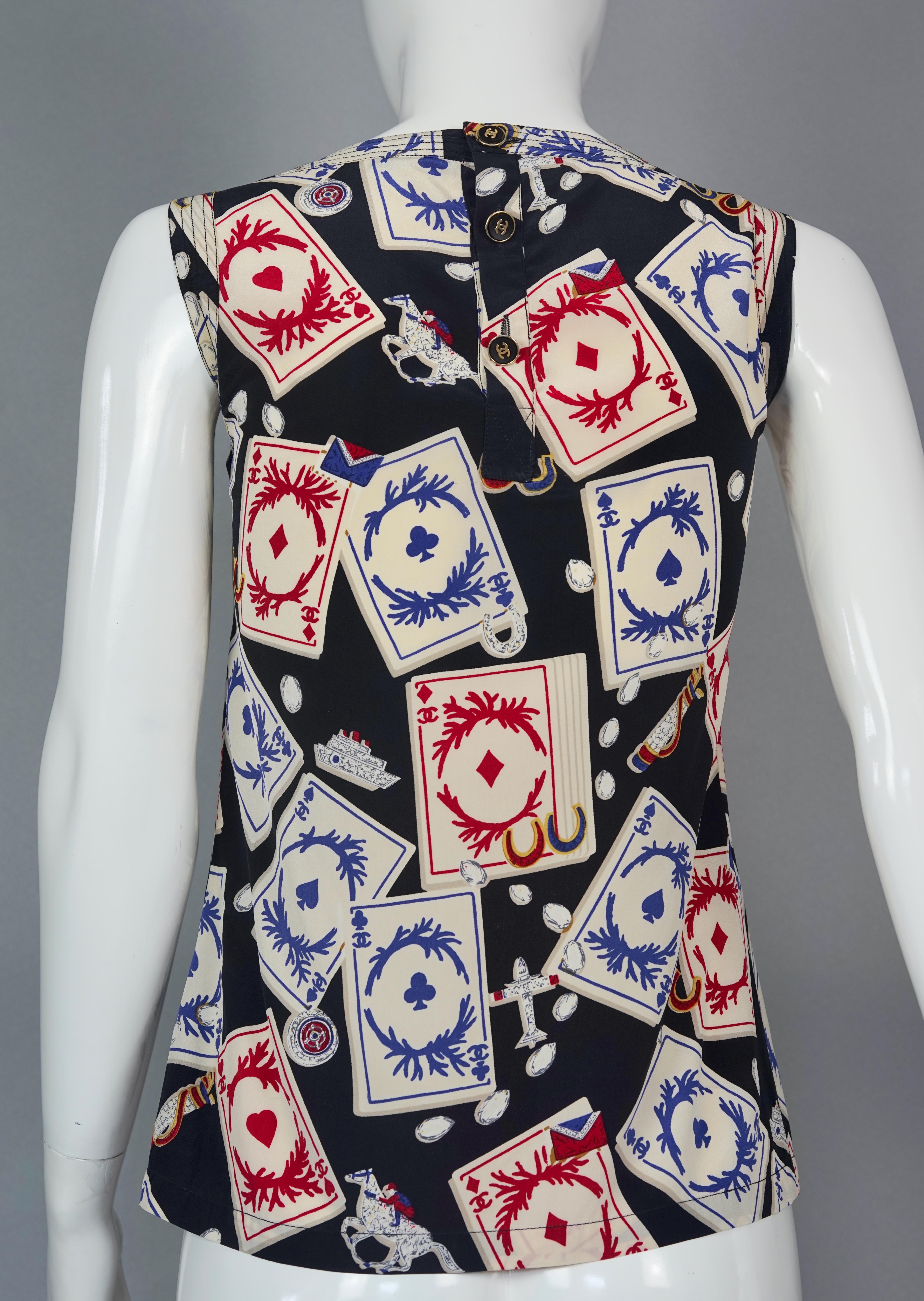 Vintage 1995 CHANEL Playing Cards Print CC Logo Button Silk Top 1