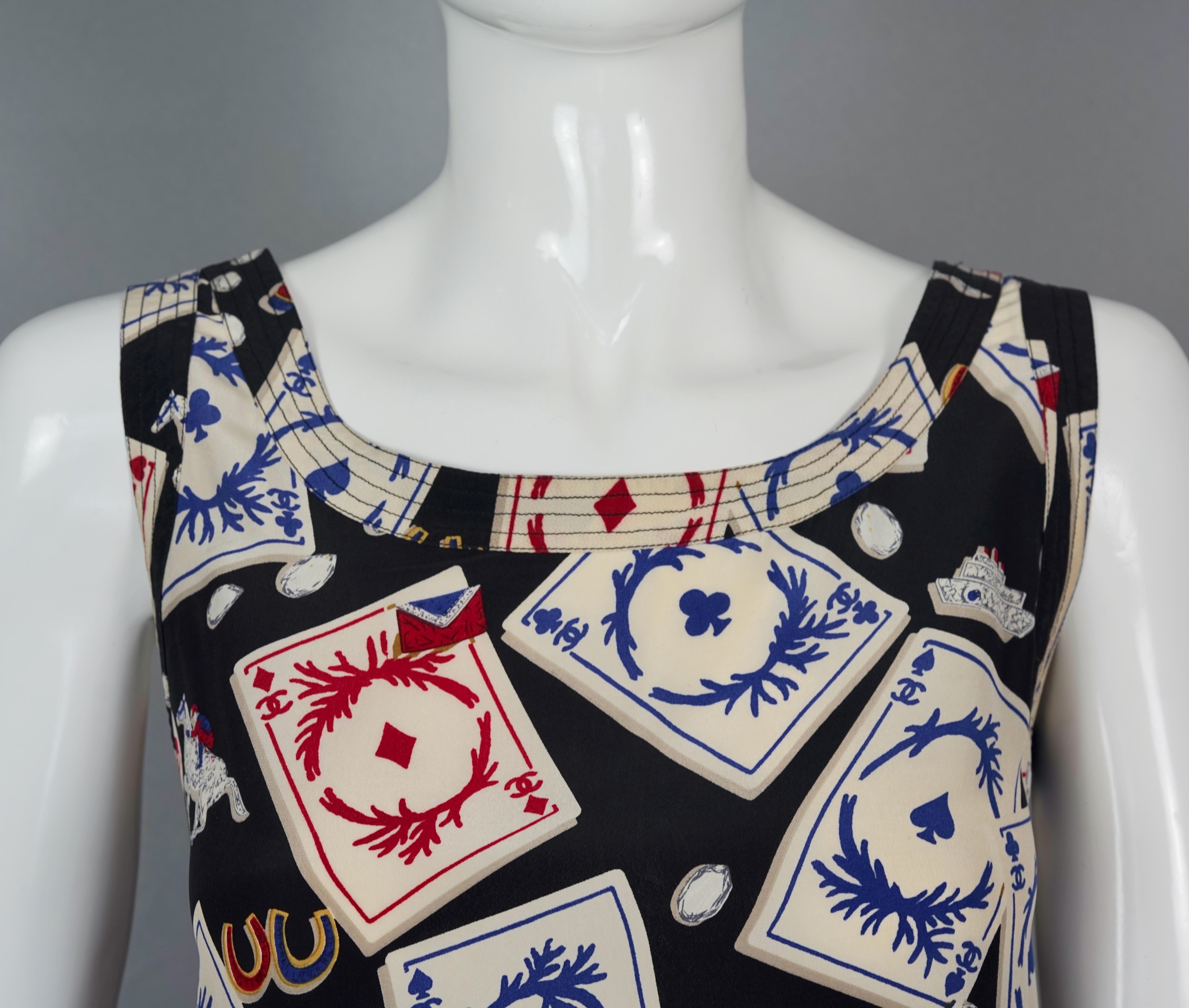 Vintage 1995 CHANEL Playing Cards Print CC Logo Button Silk Top 2