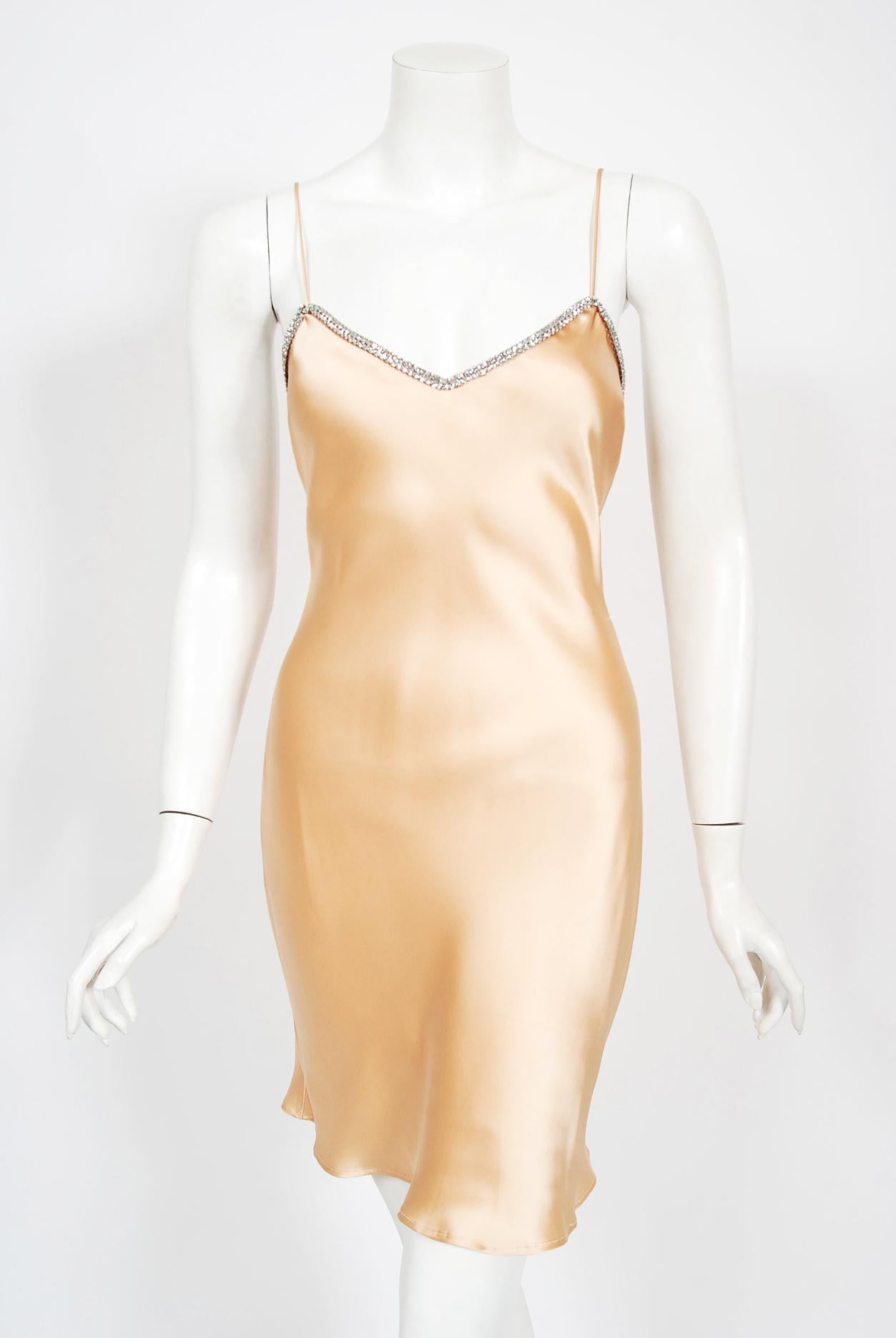 Vintage 1995 Dolce & Gabbana Rhinestone Peach Silk Bias-Cut Slip Dress w/ Jacket 5