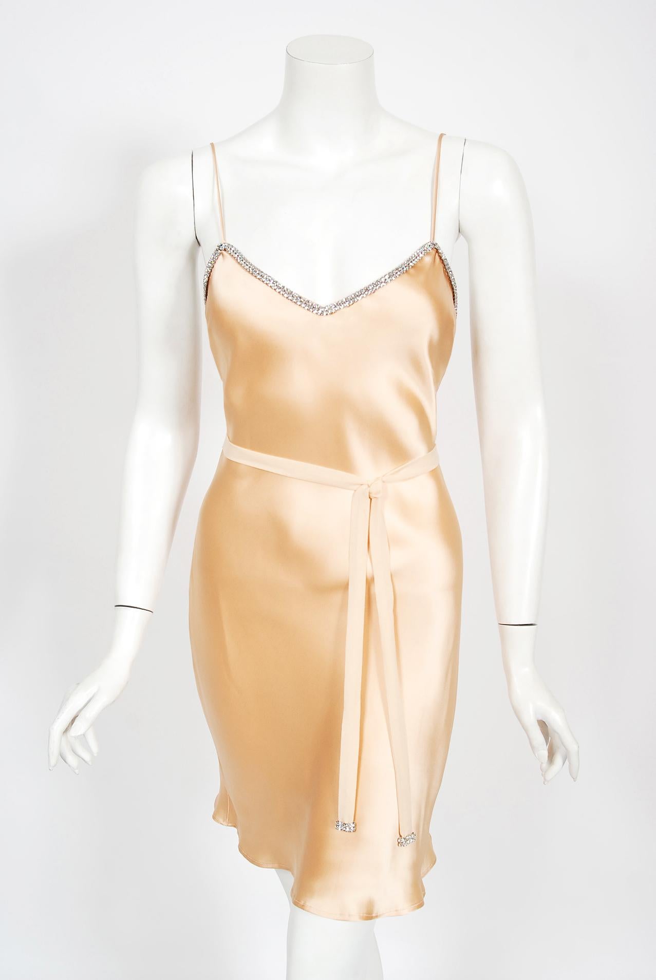 Vintage 1995 Dolce & Gabbana Rhinestone Peach Silk Bias-Cut Slip Dress w/ Jacket 6