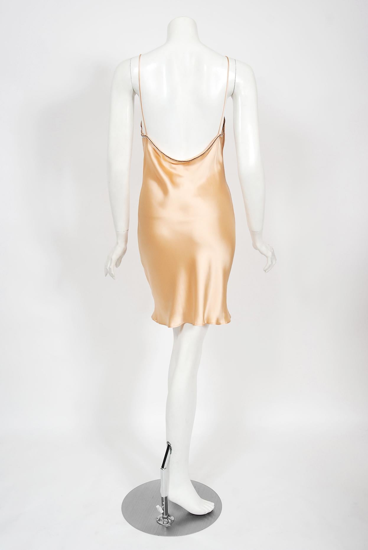 Vintage 1995 Dolce & Gabbana Rhinestone Peach Silk Bias-Cut Slip Dress w/ Jacket 8