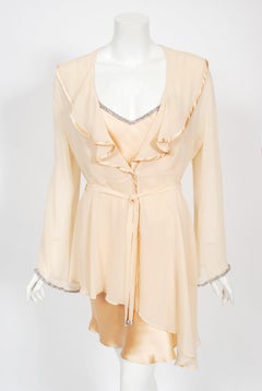 Vintage 1995 Dolce & Gabbana Rhinestone Peach Silk Bias-Cut Slip Dress w/ Jacket
