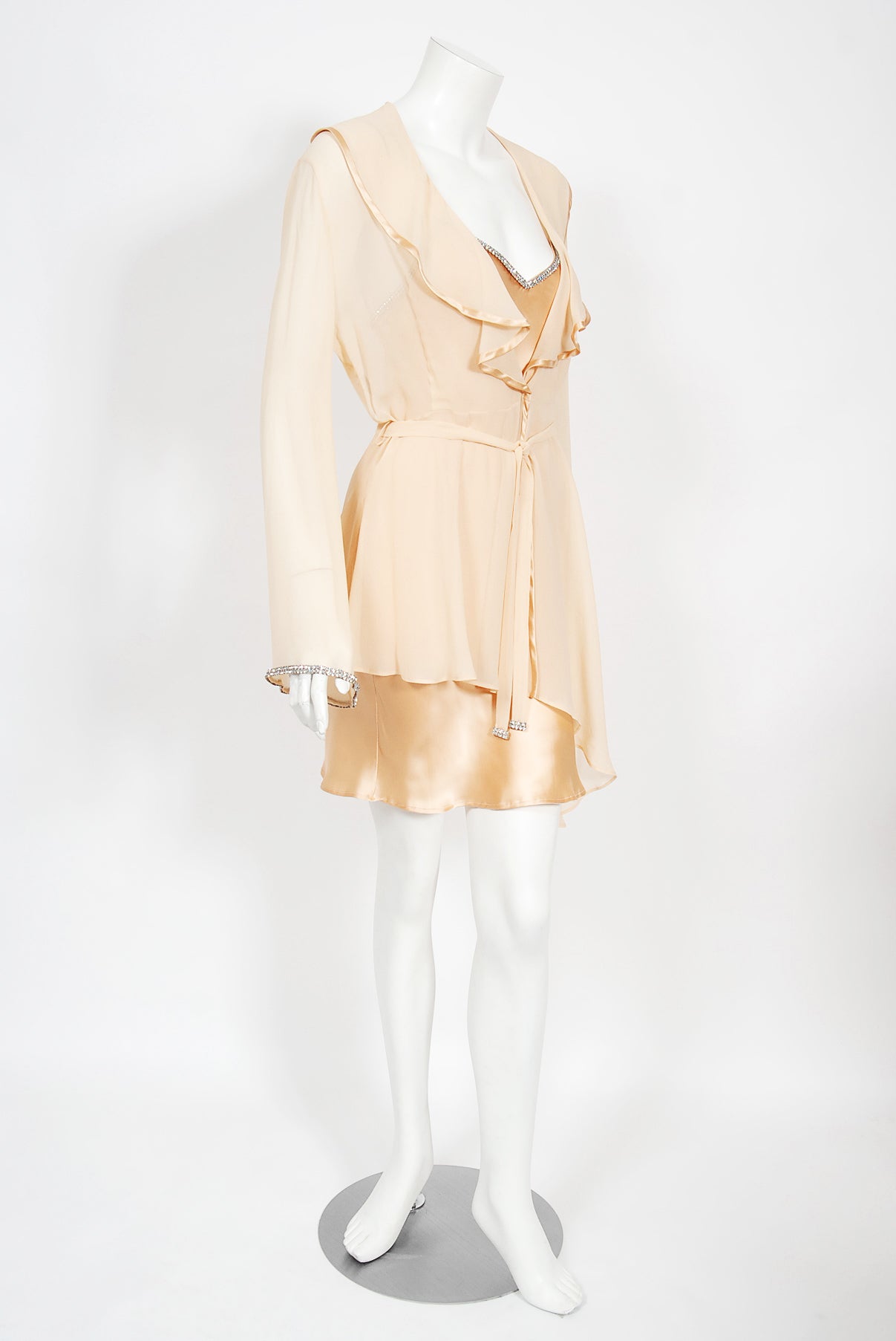 Vintage 1995 Dolce & Gabbana Rhinestone Peach Silk Bias-Cut Slip Dress w/ Jacket In Good Condition In Beverly Hills, CA