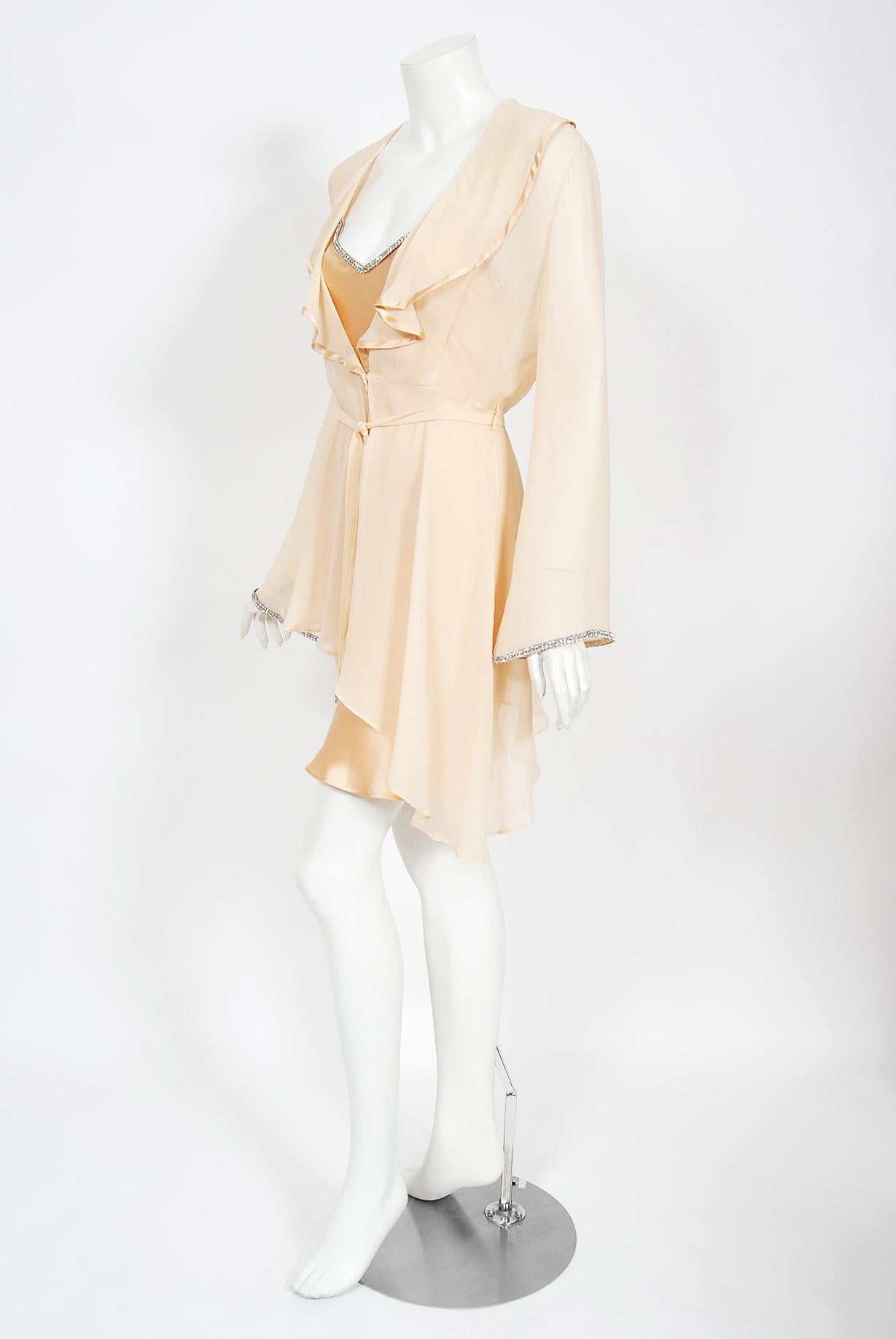 Vintage 1995 Dolce & Gabbana Rhinestone Peach Silk Bias-Cut Slip Dress w/ Jacket 3