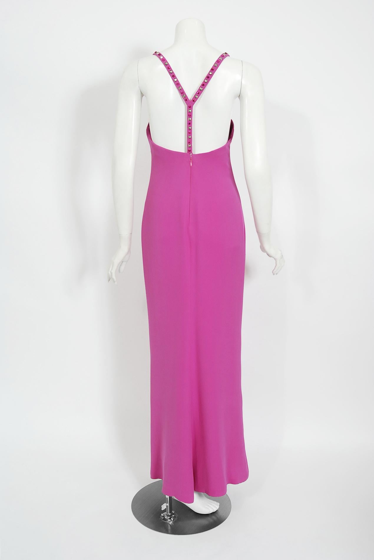 Women's Vintage 1998 Gianni Versace Couture Fuchsia Silk Studded Low-Cut Hourglass Gown