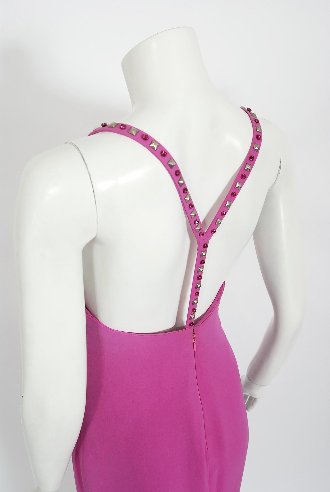 Vintage 1998 Gianni Versace Couture Fuchsia Silk Studded Low-Cut Hourglass Gown 1