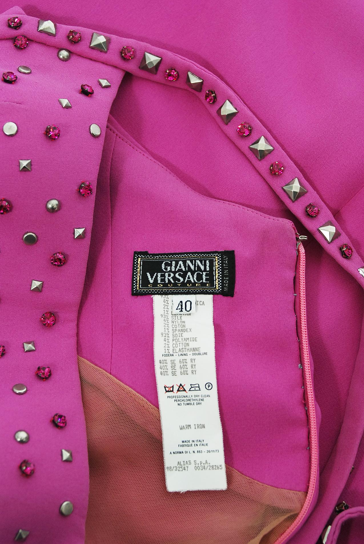 Vintage 1998 Gianni Versace Couture Fuchsia Silk Studded Low-Cut Hourglass Gown 2