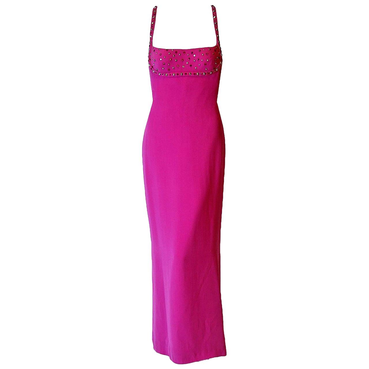 Vintage 1995 Gianni Versace Couture Fuchsia Silk Studded Low-Cut Hourglass Gown