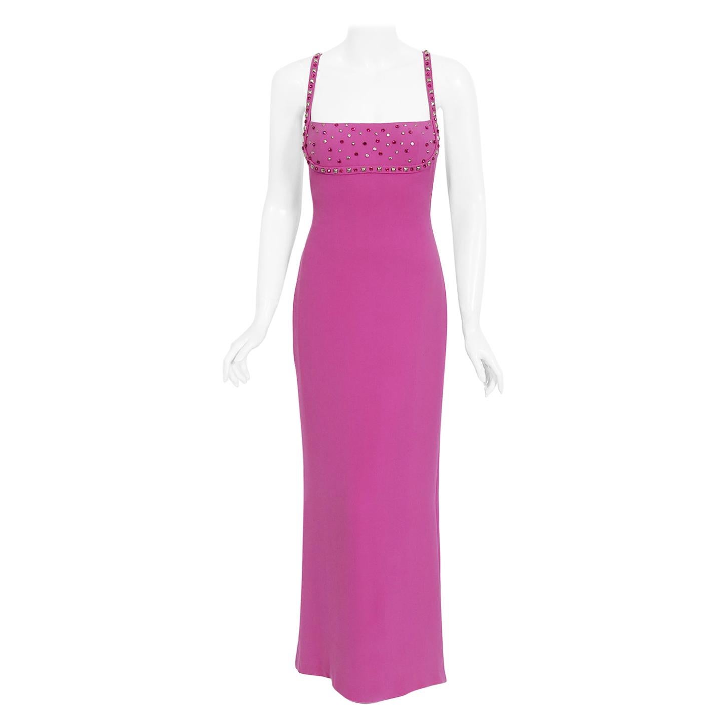 Vintage 1998 Gianni Versace Couture Fuchsia Silk Studded Low-Cut Hourglass Gown
