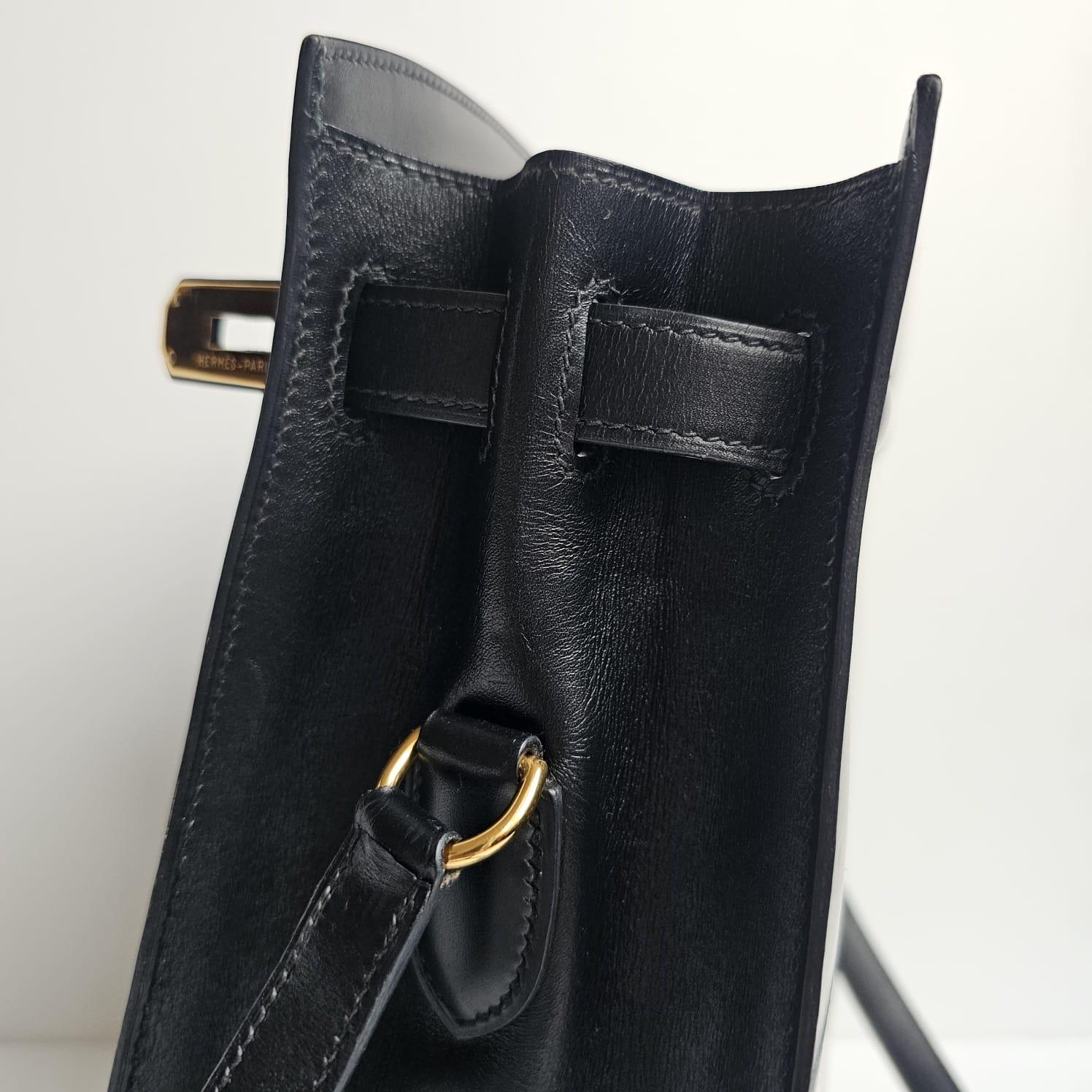 Vintage 1995 Hermes Black Box Leather Kelly Sport MM Bag For Sale 12