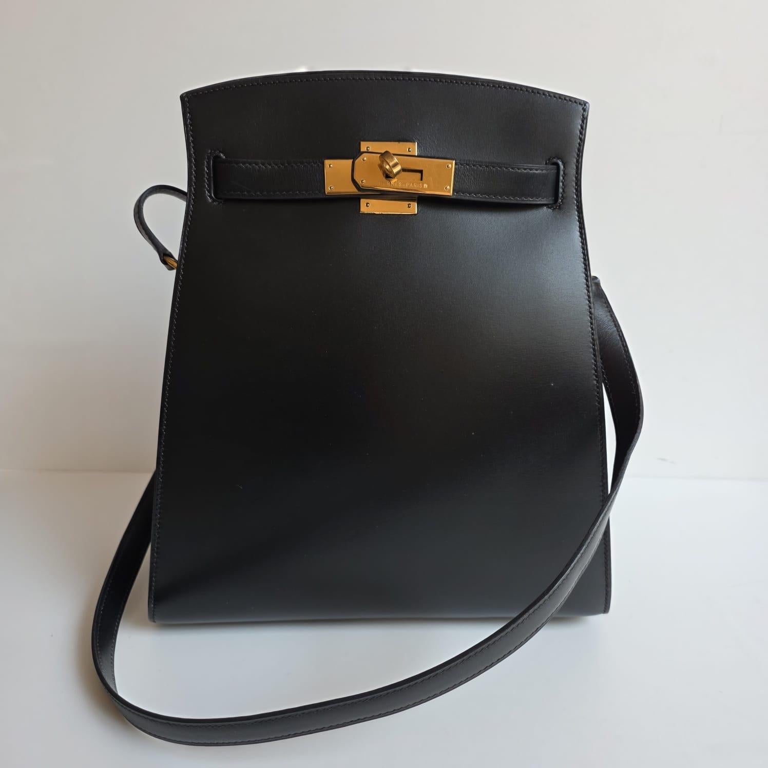 Vintage 1995 Hermes Schwarz Box Leder Kelly Sport MM Tasche im Angebot 15