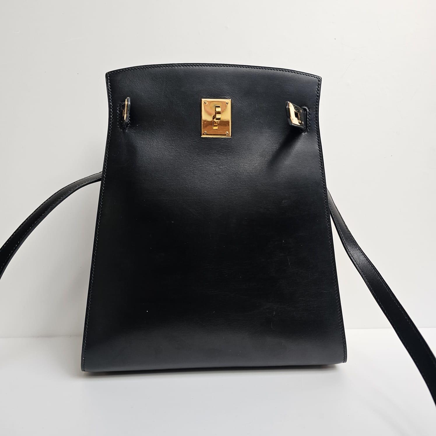 Vintage 1995 Hermes Black Box Leather Kelly Sport MM Bag For Sale 4