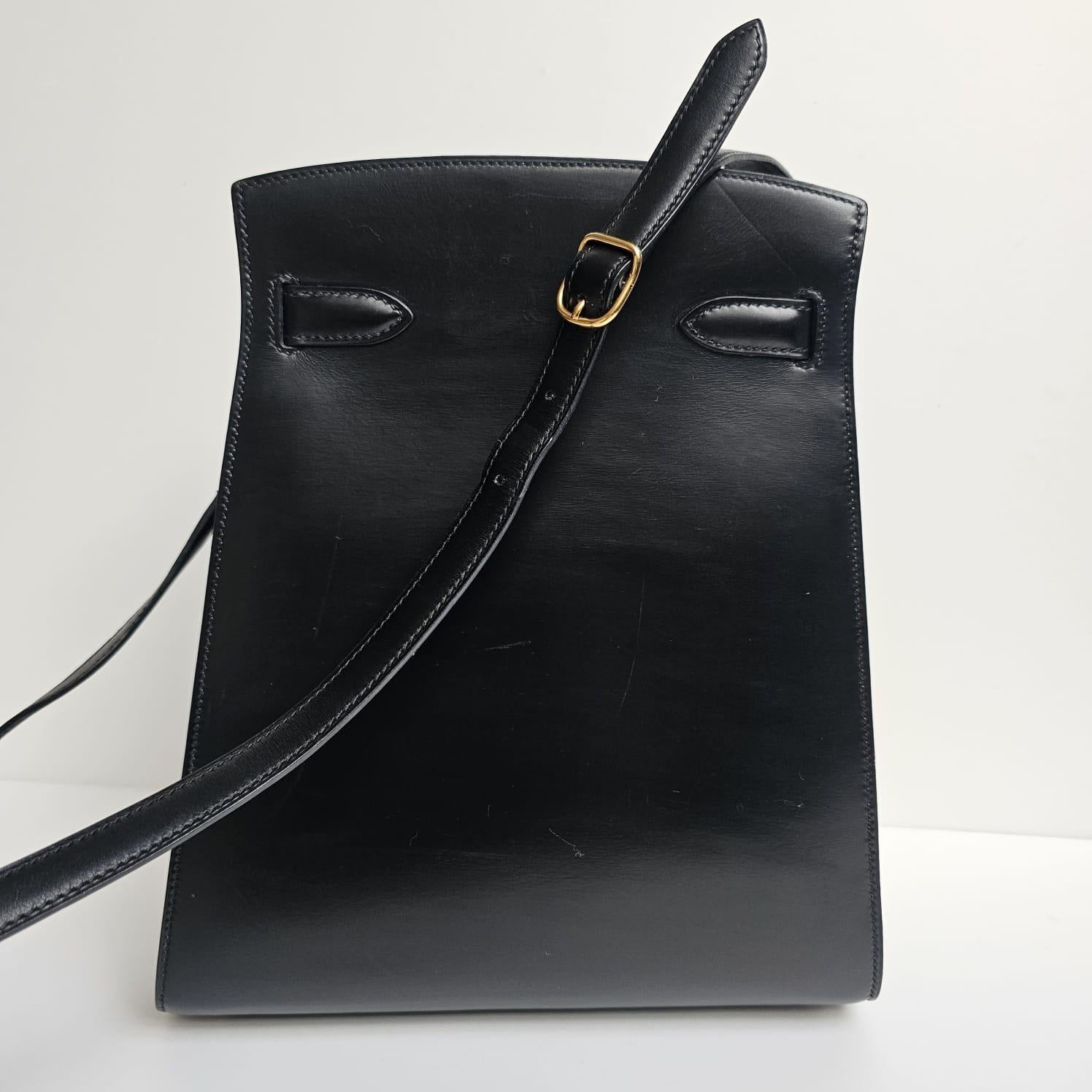 Vintage 1995 Hermes Black Box Leather Kelly Sport MM Bag For Sale 5