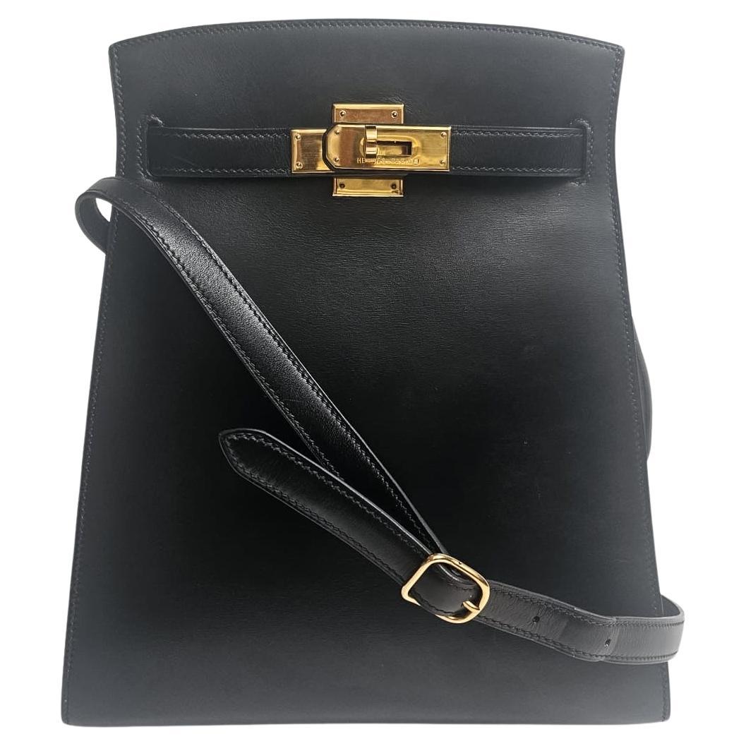 Vintage 1995 Hermes Black Box Leather Kelly Sport MM Bag For Sale