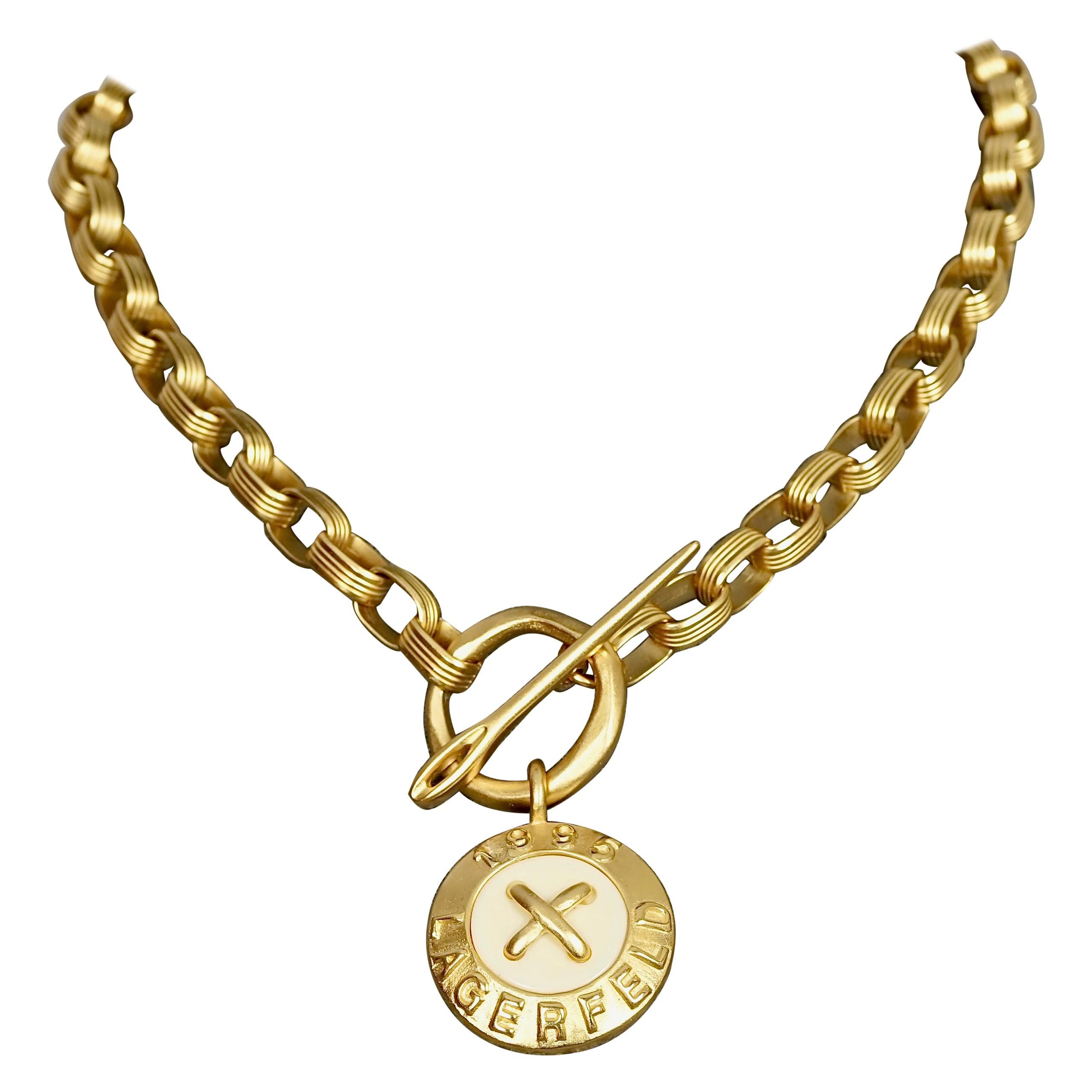 Vintage 1995 KARL LAGERFELD Logo Button and Needle Chain Necklace For Sale  at 1stDibs