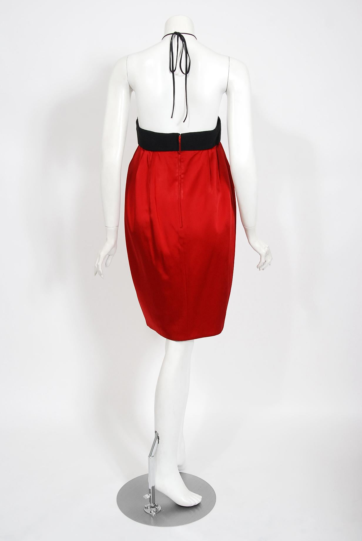 Archival 1995 Moschino Couture 'Ladybug' Novelty Black & Red Silk Halter Dress For Sale 4