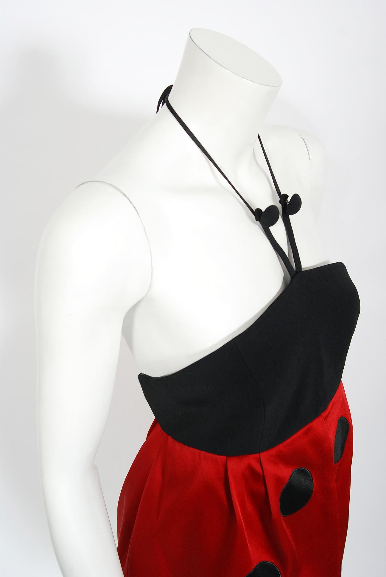 Vintage 1995 Moschino Couture 'Ladybug' Novelty Black & Red Silk Halter Dress In Good Condition For Sale In Beverly Hills, CA