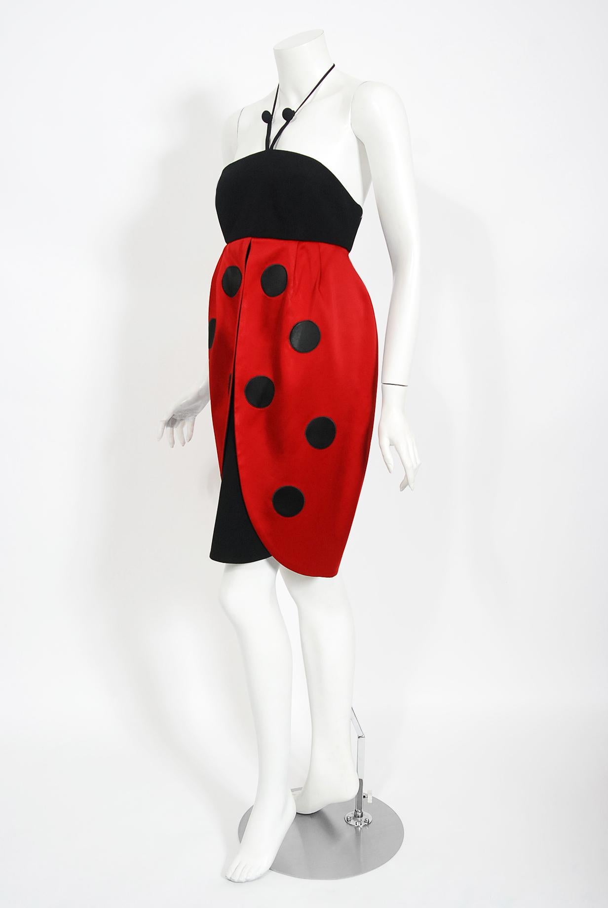 Women's Vintage 1995 Moschino Couture 'Ladybug' Novelty Black & Red Silk Halter Dress For Sale