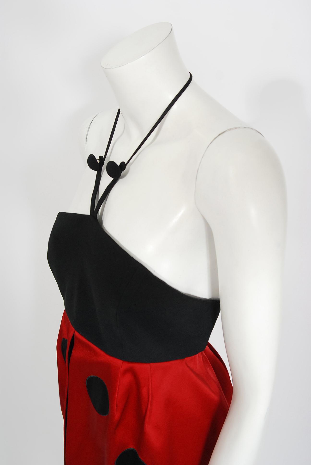 Vintage 1995 Moschino Couture 'Ladybug' Novelty Black & Red Silk Halter Dress For Sale 1