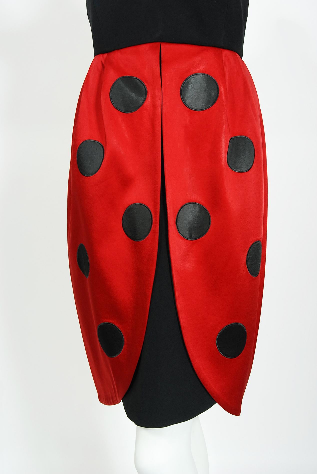 Vintage 1995 Moschino Couture 'Ladybug' Novelty Black & Red Silk Halter Dress For Sale 2