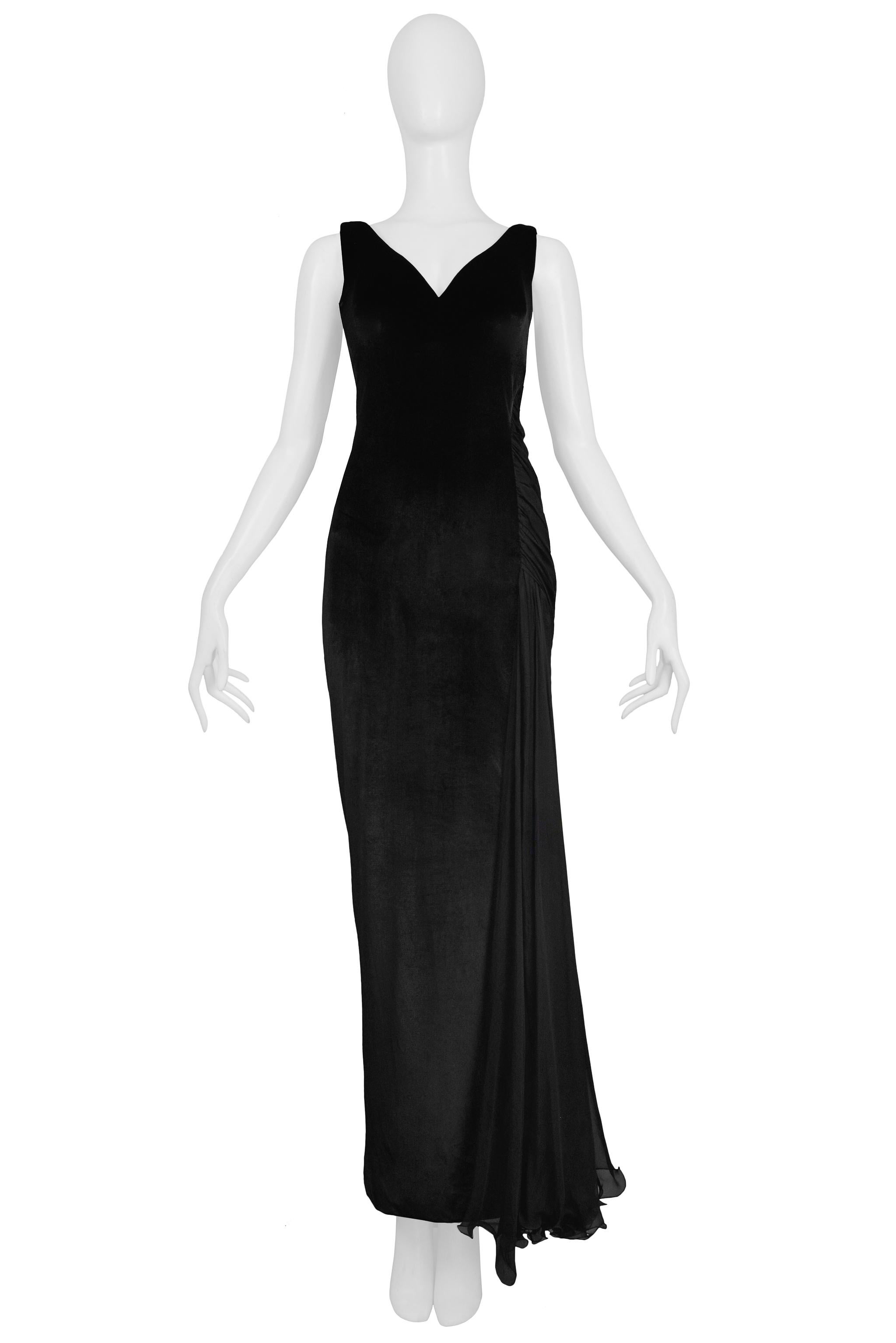 Resurrection Vintage is excited to offer a vintage Versace black velvet evening gown featuring a draped chiffon inset, deep v-neck, and sculpted back panel. 

Versace 
Size S or 38
Measurements: Approx Bust: 32