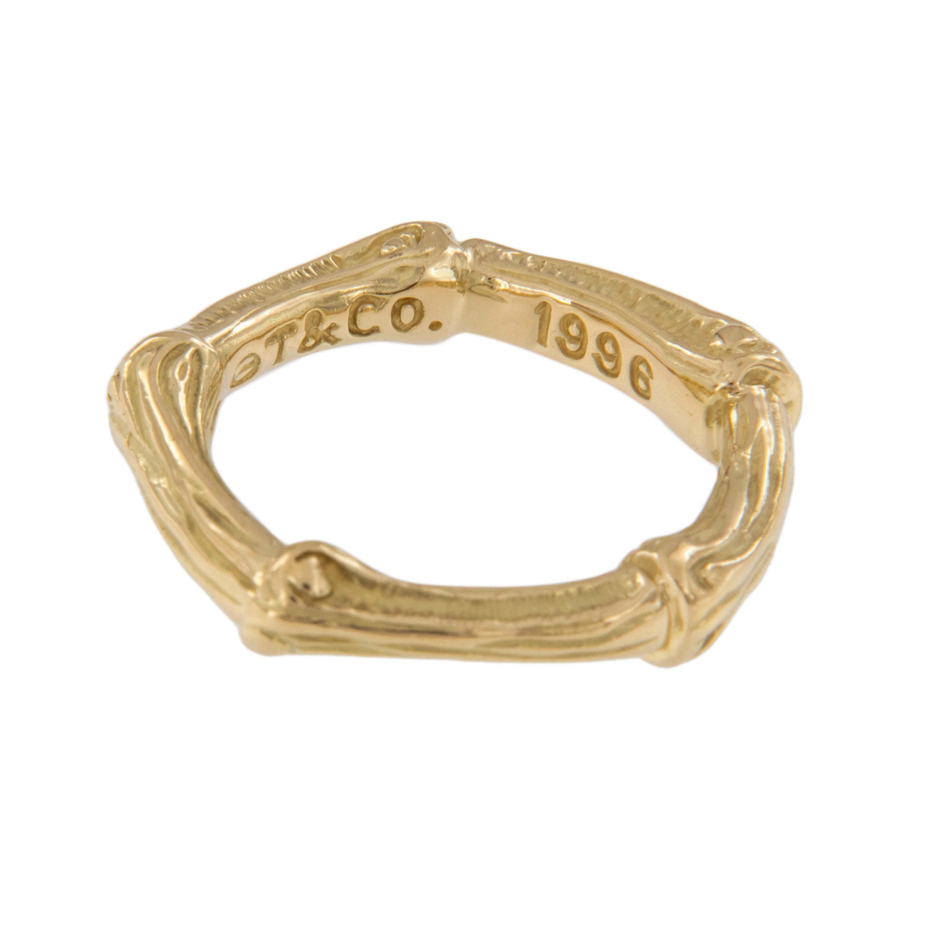 Rare Bamboo Tiffany & Co 18 karat yellow gold band ring. Iconic and timeless bamboo motif looks lovely on everyone. Wear a piece of fashionable history. Ring is a size 5.25. Stamped T & Co, 1996. 3 
 RINGS AVAILABLE PRICED