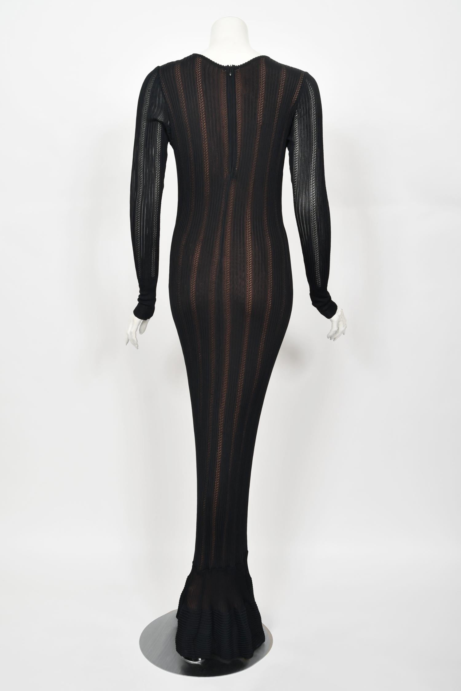 1996 Azzedine Alaia Documented Rare Nude Illusion Knit Bodycon Floor Length Gown For Sale 9