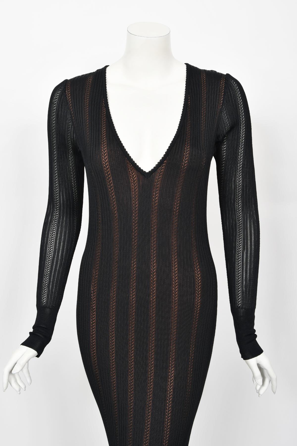 1996 Azzedine Alaia Documented Rare Nude Illusion Knit Bodycon Floor Length Gown In Good Condition For Sale In Beverly Hills, CA