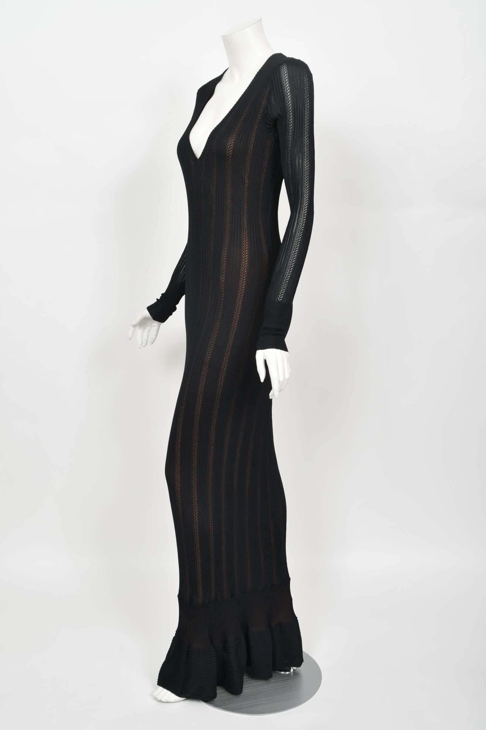 Women's 1996 Azzedine Alaia Documented Rare Nude Illusion Knit Bodycon Floor Length Gown For Sale