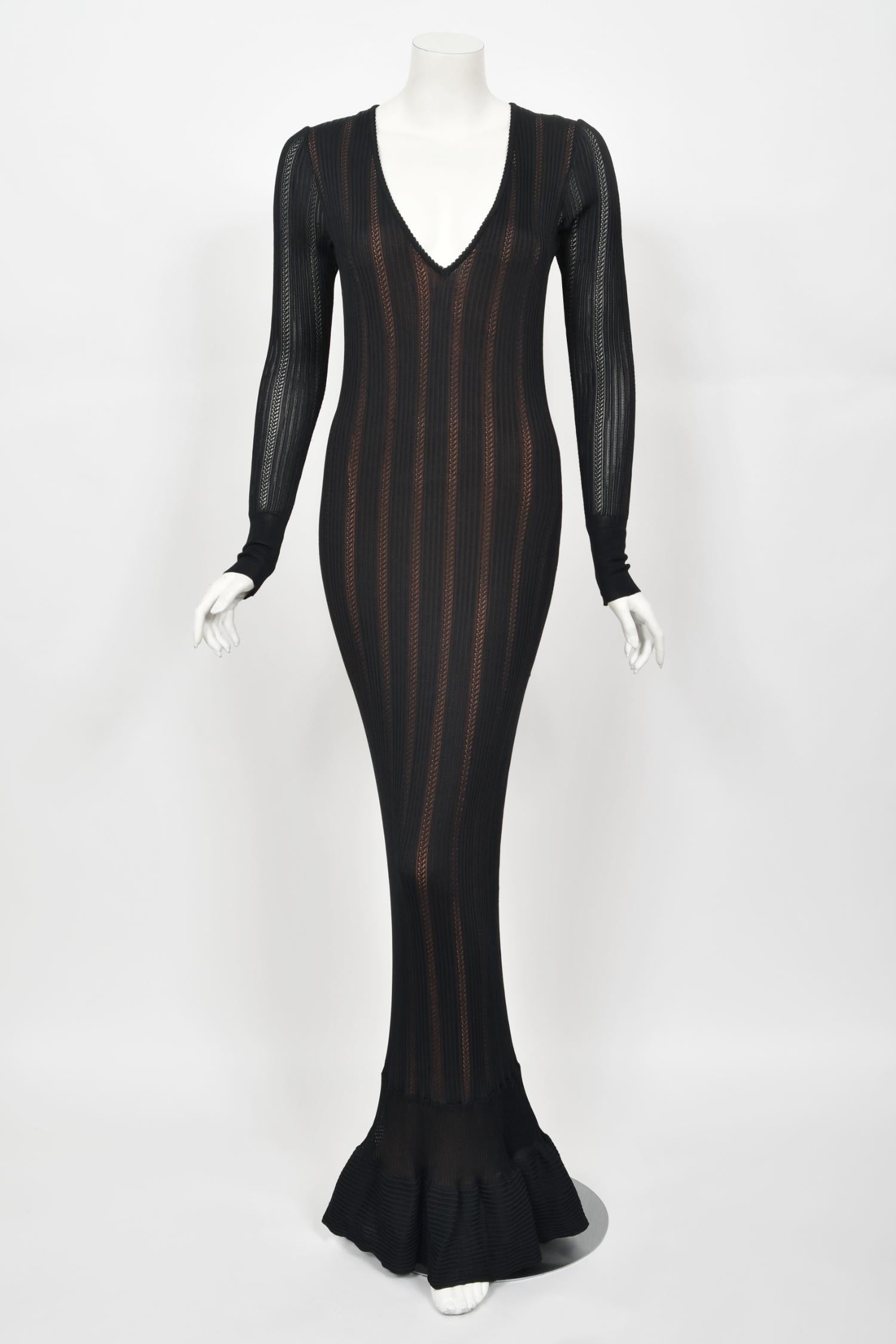 1996 Azzedine Alaia Documented Rare Nude Illusion Knit Bodycon Floor Length Gown For Sale 3
