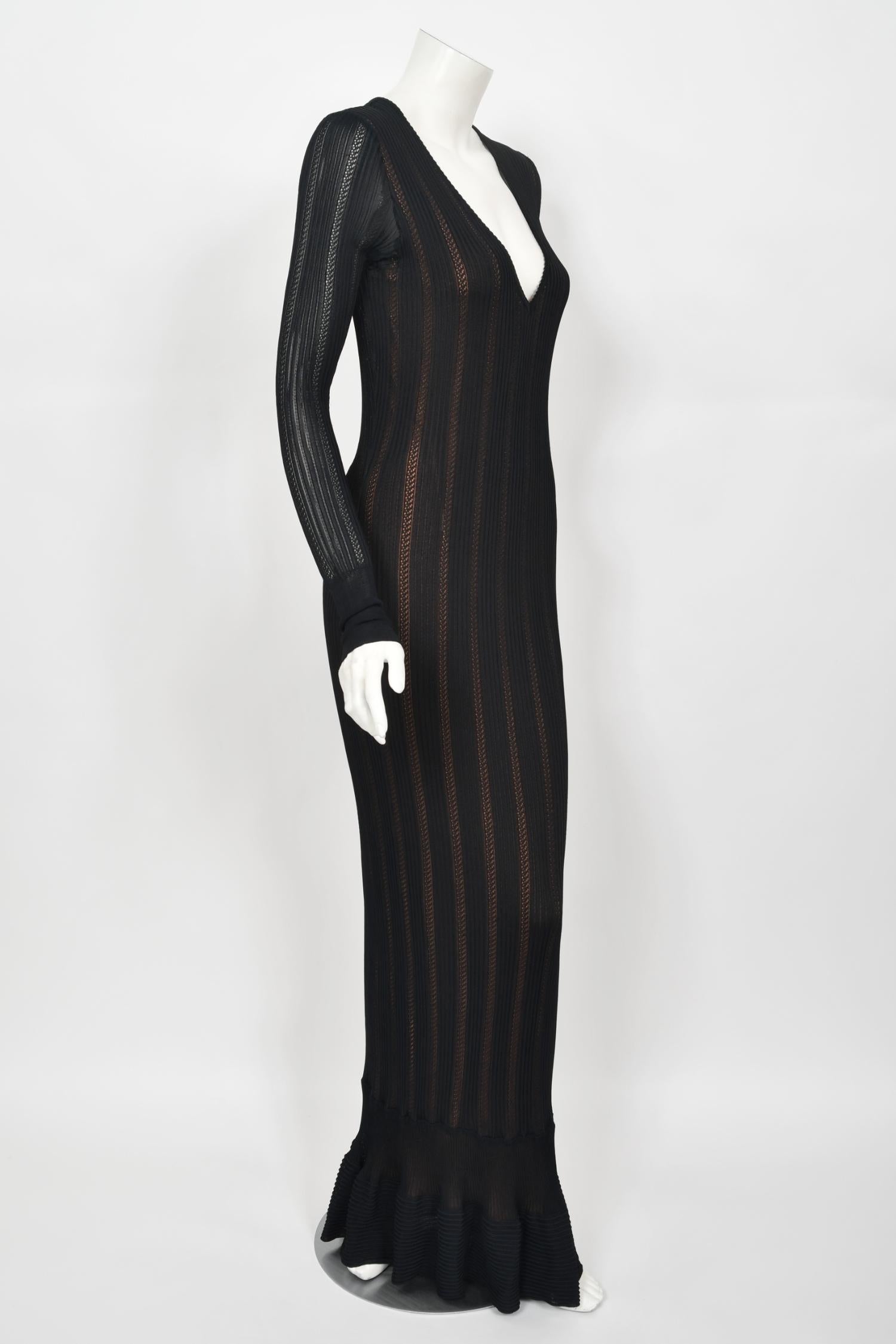 1996 Azzedine Alaia Documented Rare Nude Illusion Knit Bodycon Floor Length Gown For Sale 4
