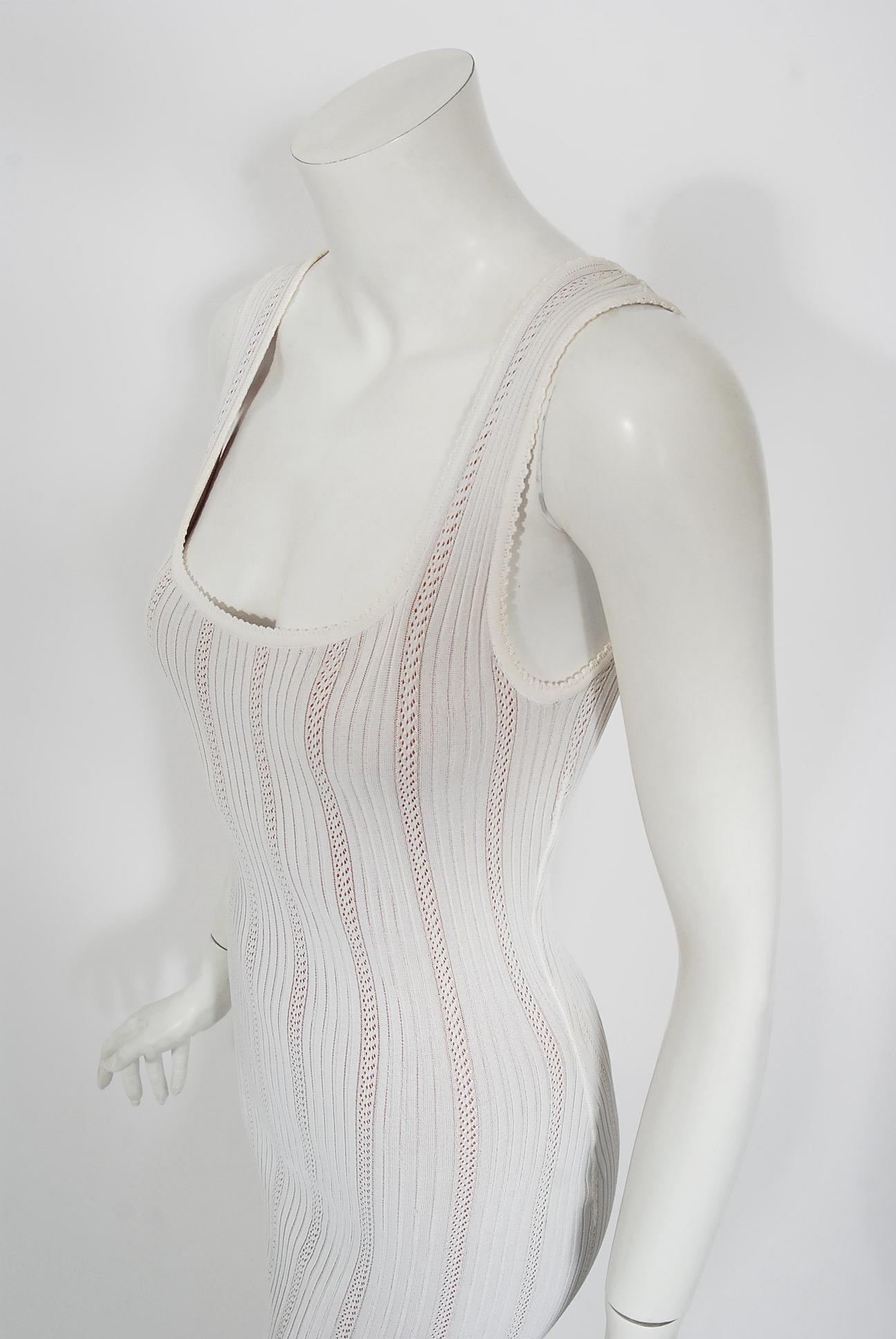 Women's Vintage 1996 Azzedine Alaia White Nude-Illusion Knit Hourglass Floor Length Gown