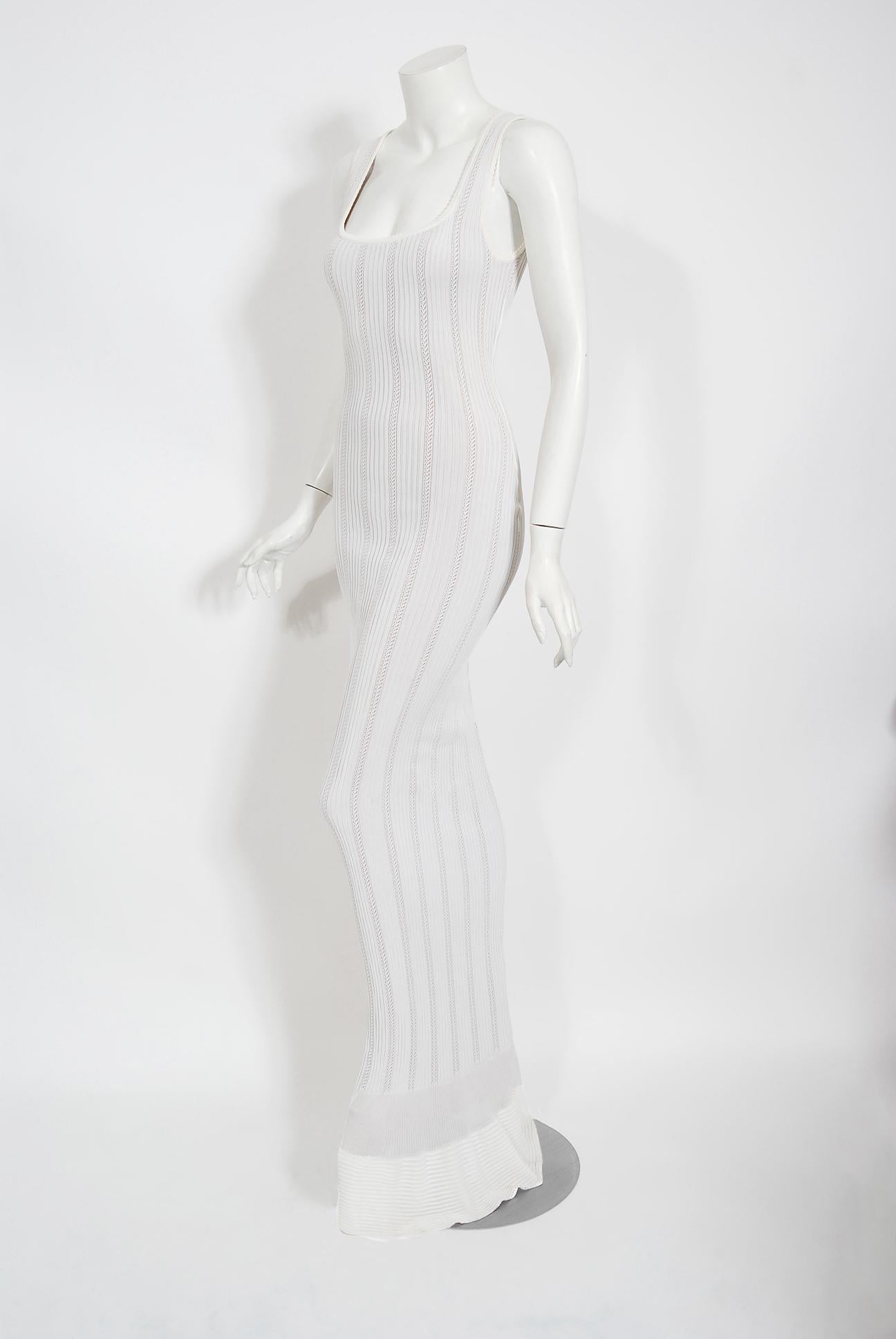 Vintage 1996 Azzedine Alaia White Nude-Illusion Knit Hourglass Floor Length Gown 1