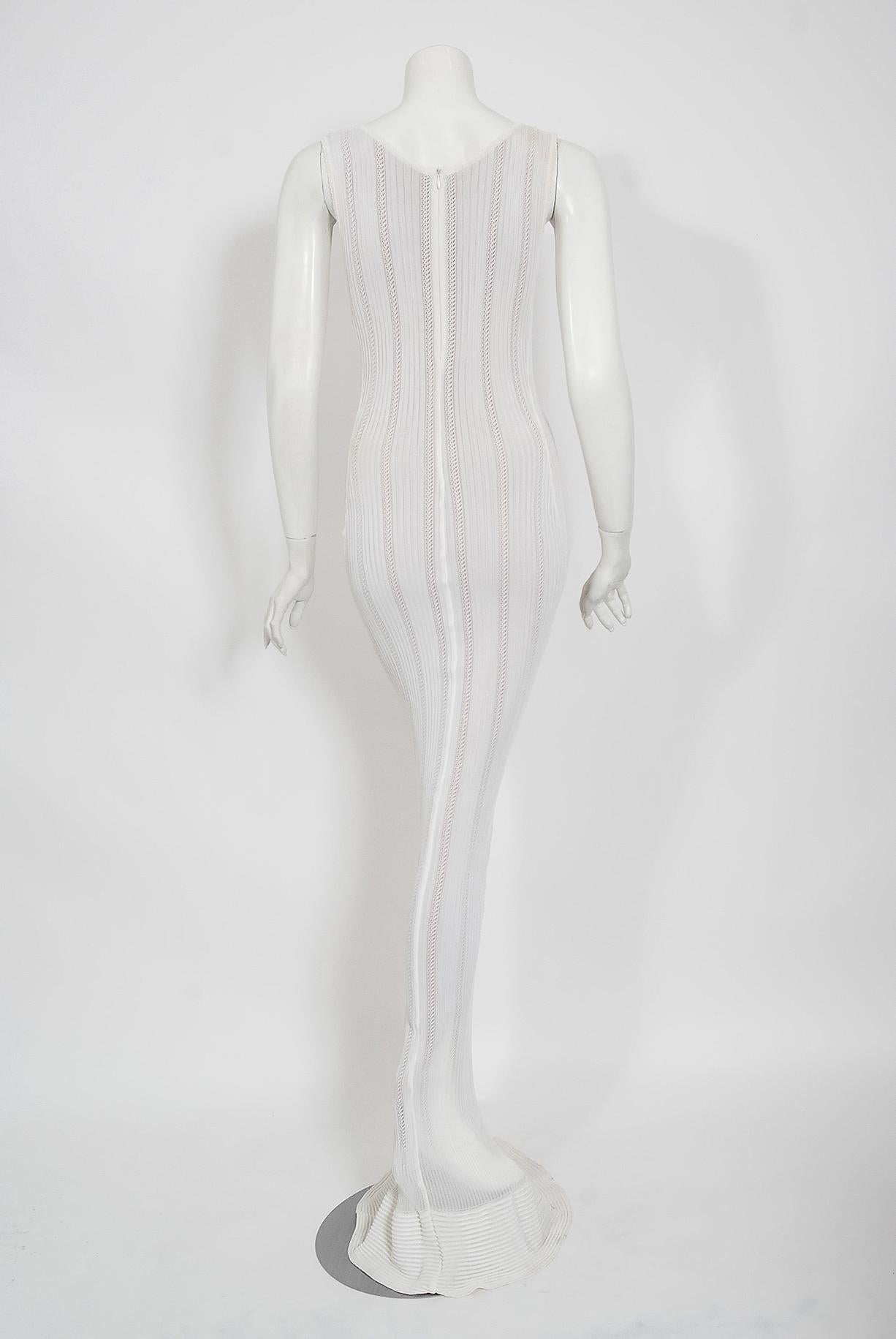Vintage 1996 Azzedine Alaia White Nude-Illusion Knit Hourglass Floor Length Gown 3